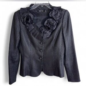Rickie Freeman Teri Jon Black Textured Jacquard Blazer Jacket Rosette Size 4